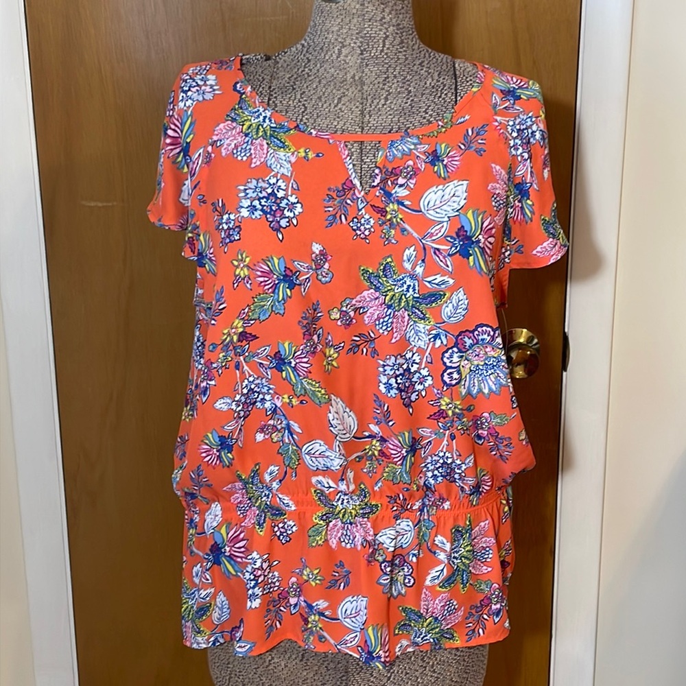 Counterparts NWT Womens XL Orange Blouse Floral Flutter Sleeve Waist Defined